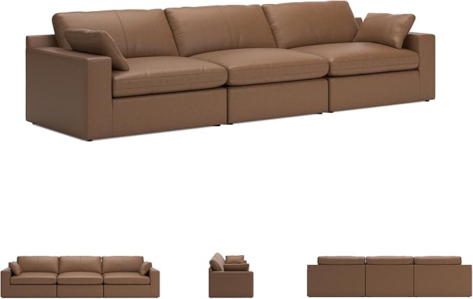 Signature Design by Ashley Emilia Modern Leather Match 3-Piece Sectional Sofa with Loose Back Cushions and 2 Bolster Pillows, Light Brown