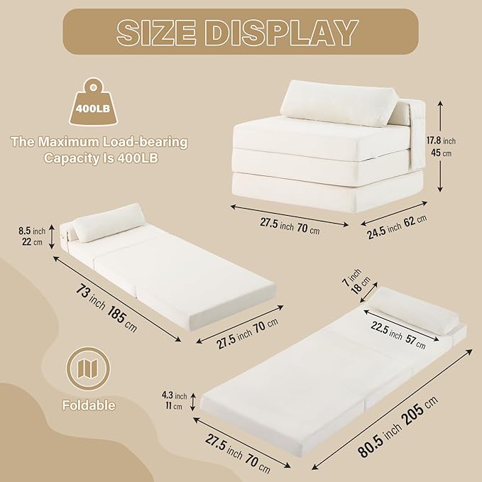 Tiita Folding Sofa Bed Chair, 4-Fold Convertible Sleeper Chair with Lumbar Pillow, Washable Cover & Side Pocket, Floor Couch Bed with Raised Seat, Single Size for Small Spaces, Beige