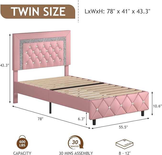 Twin Bed Frame, Faux Leather Platform Bed with Upholstered Diamond Headboard, Mattress Foundation with Strong Wooden Slats Support, No Box Spring Required, Easy Assembly, Pink