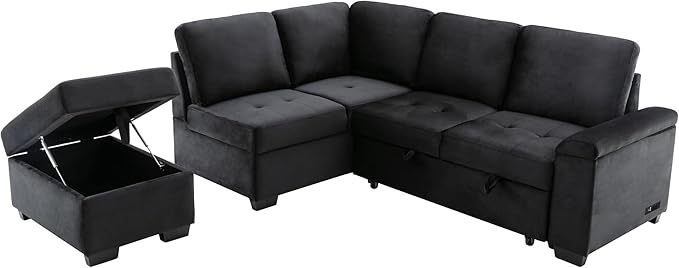 LUMISOL 87.4" Convertible Sleeper Sofa Bed with Storage Ottoman, L-Shaped Sectional Sofa with Storage Arm & Charging Stations, Pull Out Sofa Couch with Chaise for Living Room, Black