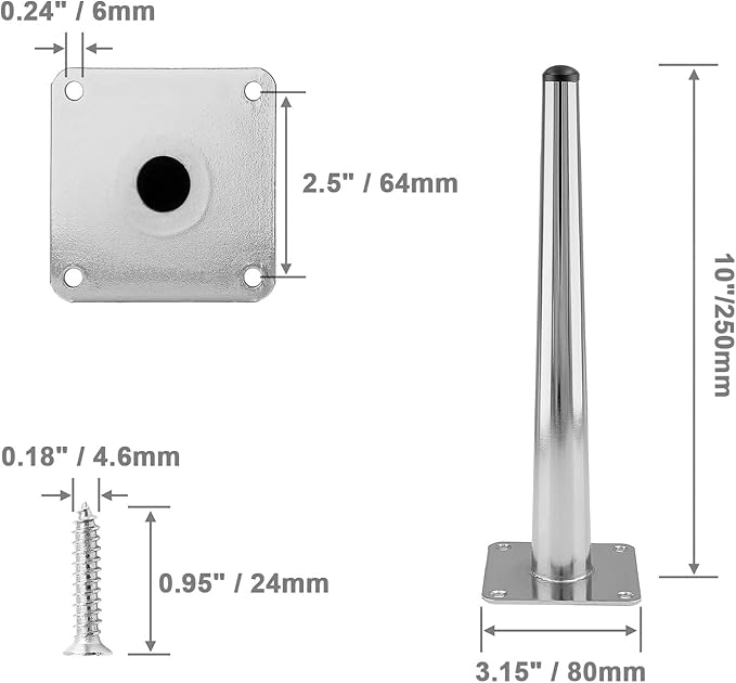 4pcs 10 Inch Furniture Legs, Straight Conical Metal Legs Chrome Mid-Century Style Furniture Feet for Sofa Cabinet Table Chair Cupboard Couch Ottoman Home DIY Projects