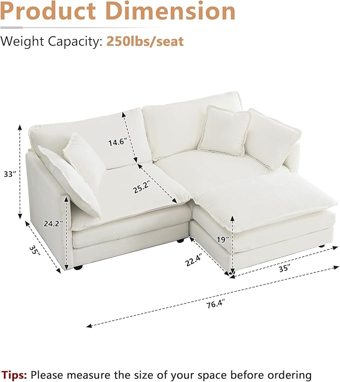 mikibama Modular Sectional Sofa, 76.4 Inch L Shaped Couch Set for Living Room, Loveseat Comfy Cloud Couches with Movable Ottoman, DIY Combination, Chenille, Beige
