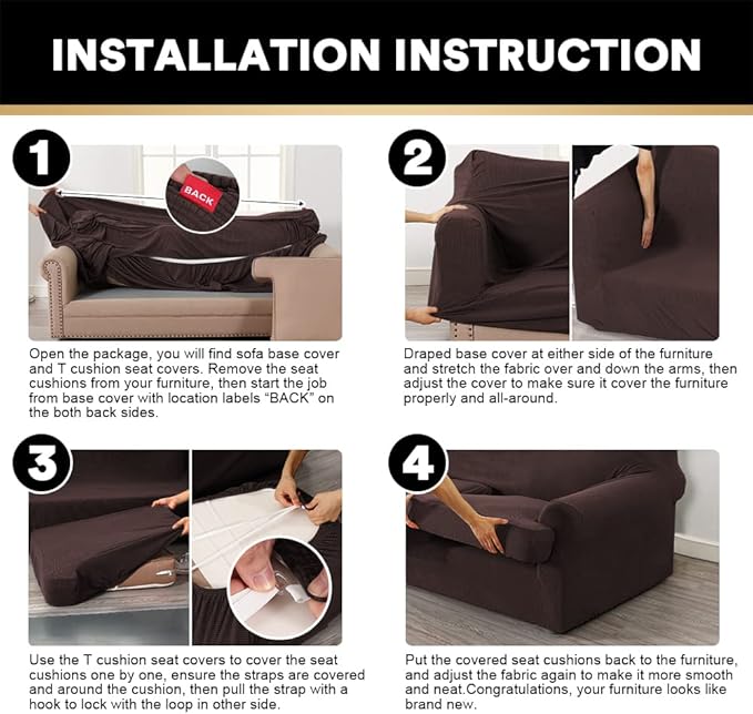 PrinceDeco T Cushion Loveseat Slipcover 3 Pieces Sofa Covers for T Cushion Sofa Stretch Slip Covers for 2 Cushion Couch with 2 Individual T Shape Seat Covers Width Up to 76"- Washable, Brown