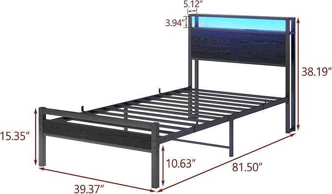 BOFENG Metal Bed Frame Twin Size,Black Wood Storage Headboard with Charging Station/LED Lights,Heavy Duty Metal Platform Bed Frames No Box Spring Needed,Noise Free,Easy Assembly