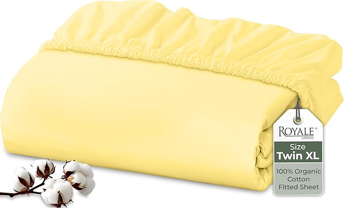 Royale Linens 100% Organic Cotton Fitted Sheet - Percale Weave - Super Soft Deep Pocket Bottom Sheets - Elastic Sheet Twin XL Size - Twin XL Fitted Sheets Only - (39"x80"+15", Yellow)