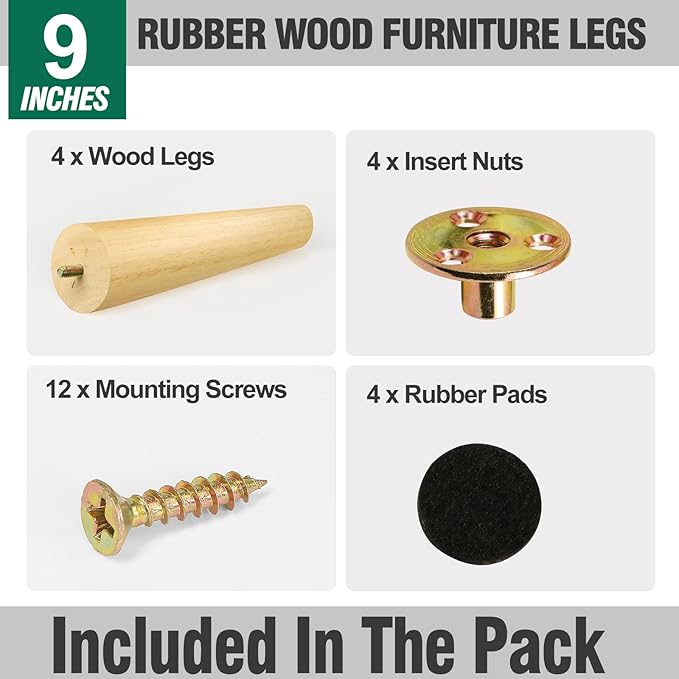 FoDau770 Rubber Wood Furniture Legs 9 Inches, Slant Tapered Wood Feet Mid Century Sofa Legs Set of 4, 5/16" UNC Furniture Feet Replacement Parts for Cabinet Couch Dresser Chair Ottoman Table