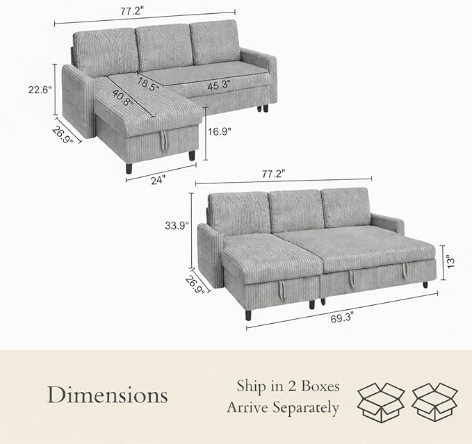 JAMFLY Pull Out Sleeper Sectional Sofa, L Shaped Corduroy Couch with Hidden Storage, Convertible Sofa Bed for Small Living Rooms and Apartments, Light Grey