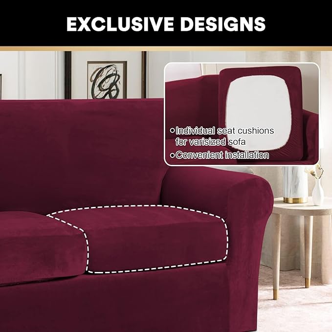 PrinceDeco Velvet Couch Covers for Sofa Soft 4 Pieces Couch Covers for 3 Cushion Couch Sofa Pet Friendly Furniture Protector with Non Slip Elastic Bottom Width Up to 97 Inch (Large Sofas, Burgundy)