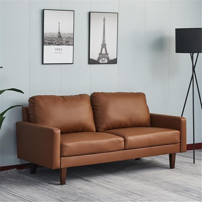 Pemberly Row Modern PU Leather Sofa Couch with Wooden Legs – Brown, 70 Inch Upholstered Sofa, High-Density Cushion, Straight Arm Design for Living Room, Apartment or Office