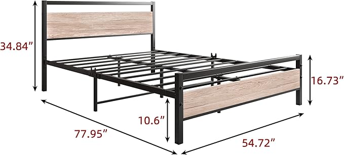 BOFENG Full Size Bed Frame with Wood headboard,Rustic Metal Platform Bed Frames Full,Industrial Bed Frame with Storage No Box Spring Needed,Mattress Platform with Steel Slat Support,Oak Color
