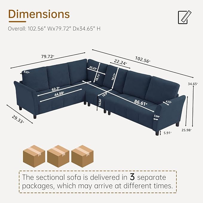 Convertible Sectional Sofa Couch, 102" L Shaped Couch with Back Cushions, Modern Upholstered Fabric 6-Seat Reversible Sofa Set for Living Room, Apartment, Office, Blue