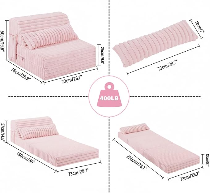Tiita Folding Sofa Bed - 4-Fold Convertible Sleeper Chair with Corduroy Cover and Rectangular Pillow, Floor Sofa Mattress for Adults, Single Size, Pink