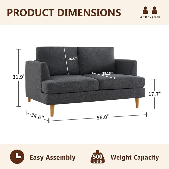 Loveseat Sofa 56" Mid Century Modern Small Couches for Small Spaces Love Seat with 2-Seat Upholstered Cushion Sofa Couches for Bedroom, Living Room, Apartment (Dark Grey)