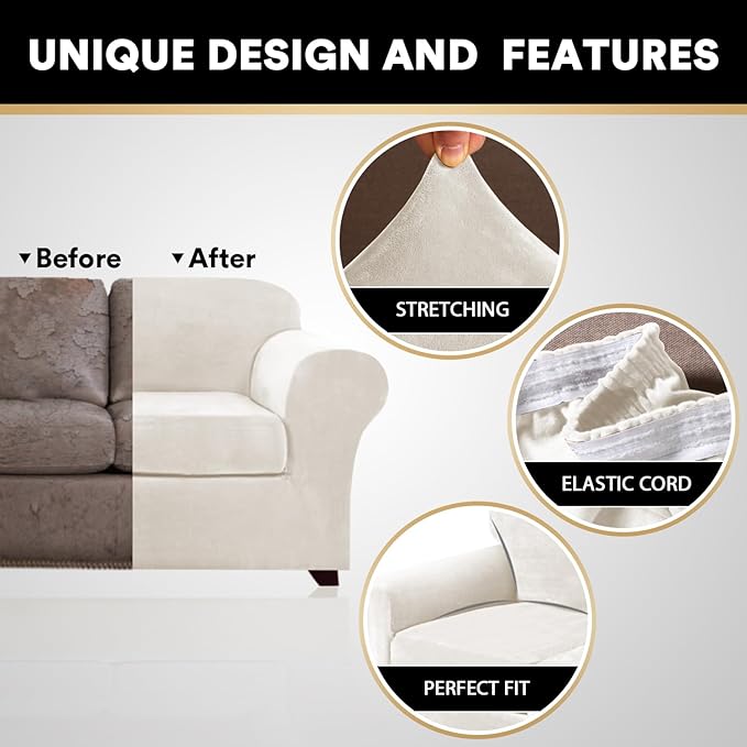 PrinceDeco Velvet Couch Covers for Sofa Soft 4 Pieces Couch Covers for 3 Cushion Couch Sofa Pet Friendly Furniture Protector with Non Slip Elastic Bottom Width Up to 97 Inch (Large Sofas, Porcelain)