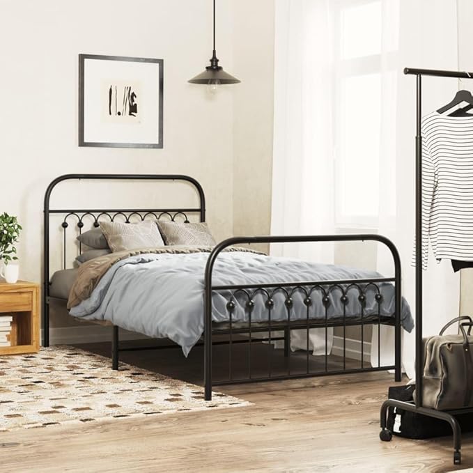 Modern Metal Bed Frame with Headboard and Footboard, Sturdy Steel Structure for Single Bed, Under Bed Storage, Black Matte Finish, Easy Assembly