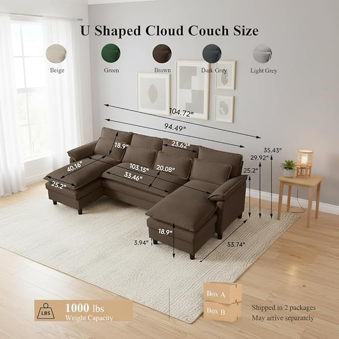 105" Convertible Sectional Sofa, U Shape Cloud Couch, Comfy Couches with Double Chaise and Sleepable Armrests, 4 Seats Sectional Couches for Living Room, Coffee