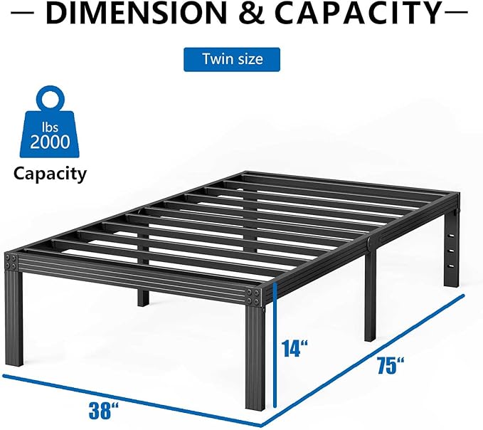 ZIYOO Twin Bed Frames with Heavy Duty Steel Slat, 14 Inches Platform Bed Frame, Non-Slip Design, No Box Spring Needed, Easy Assembly, Quiet Noise Free, Under Bed Storage Space, Black