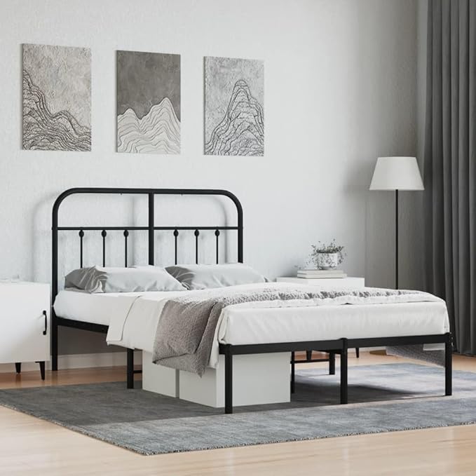 Bed Frame Black Powder-Coated Steel Single Bed headboard for Guest Room 47.2x74.8 in Small Double