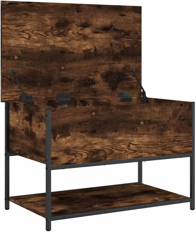 Industrial Storage Bench with Adjustable Feet, Smoked Oak Finish for Hallway Living Room Seating and Organization