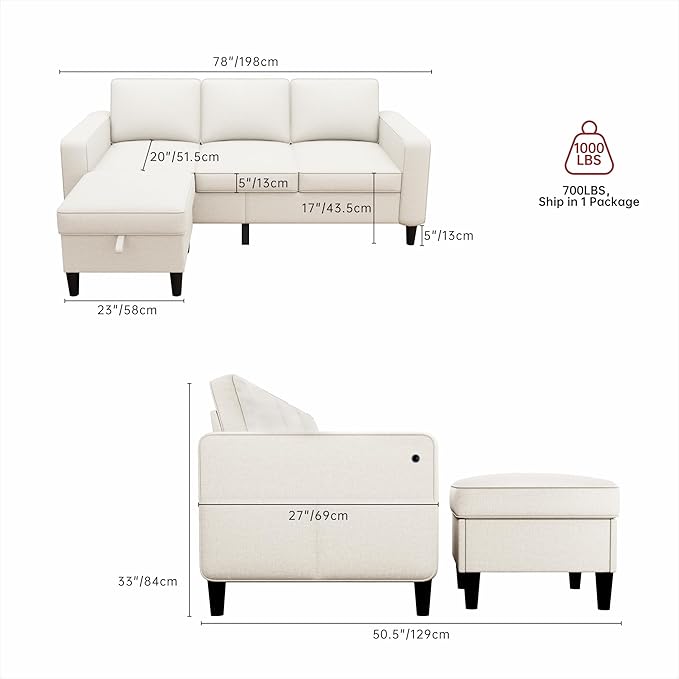 ZeeFu Sectional Sofa Coches for Living Room, 3 Seater L Shaped Couch with USB & Type-C Charg Port & Storage Ottoman, Modern Linen Living Room Furniture, Small Couch for Apartments and Office