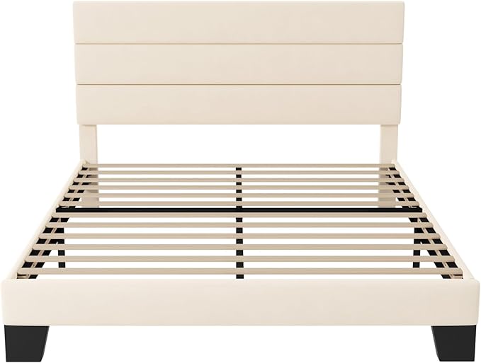Allewie Full Size Platform Bed Frame with Velvet Upholstered Headboard and Wooden Slats Support, Fully Upholstered Mattress Foundation/No Box Spring Needed/Easy Assembly, Cream