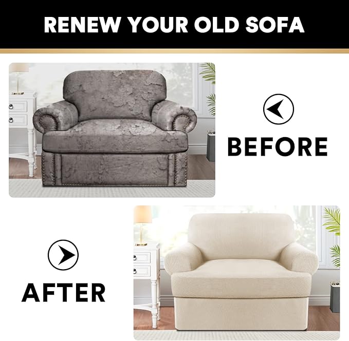 PrinceDeco 2 Pieces Armchair Slipcover Stretch Couch Covers for T Cushion Chair Slipcovers Soft Arm Chiar Cover Furniture Covers with 1 Individual T Shape Seat Covers Width Up to 40", Natural
