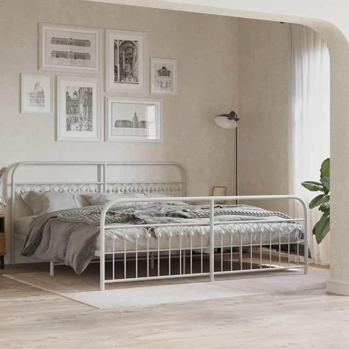White Metal Bed Frame with Storage, Sturdy Steel Platform Base for Mattress, Modern Freestanding Design with Powder Coated Finish for Bedroom