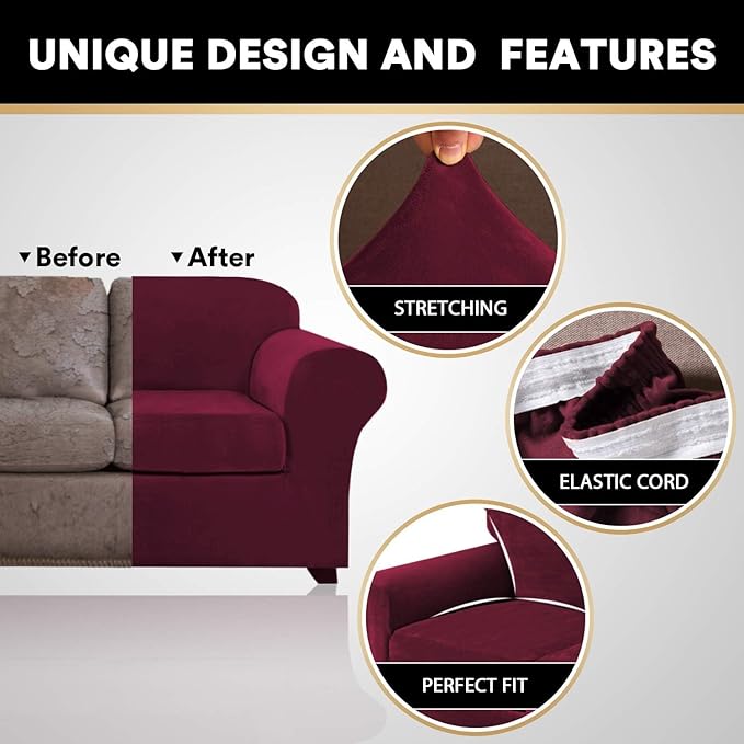 PrinceDeco Velvet Couch Covers for Sofa Soft 4 Pieces Couch Covers for 3 Cushion Couch Sofa Pet Friendly Furniture Protector with Non Slip Elastic Bottom Width Up to 97 Inch (Large Sofas, Burgundy)