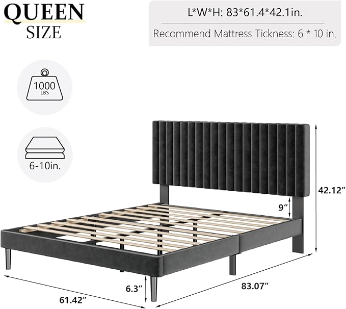 HAOARA Queen Size Platform Bed Frame with Velvet Upholstered Headboard, Queen Bed Frame with Strong Wood Slats, Box Spring Optional, Mattress Foundation, Easy Assembly Black