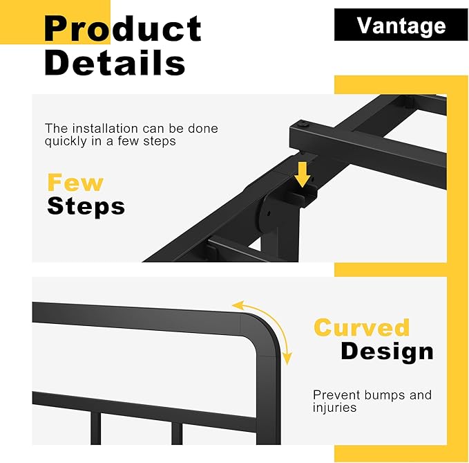 DiaOutro 16 Inch Twin XL Bed Frame with Headboard No Box Spring Needed Metal Platform Heavy Duty Steel Slat Mattress Foundation/Easy Assembly/No Noise/Black