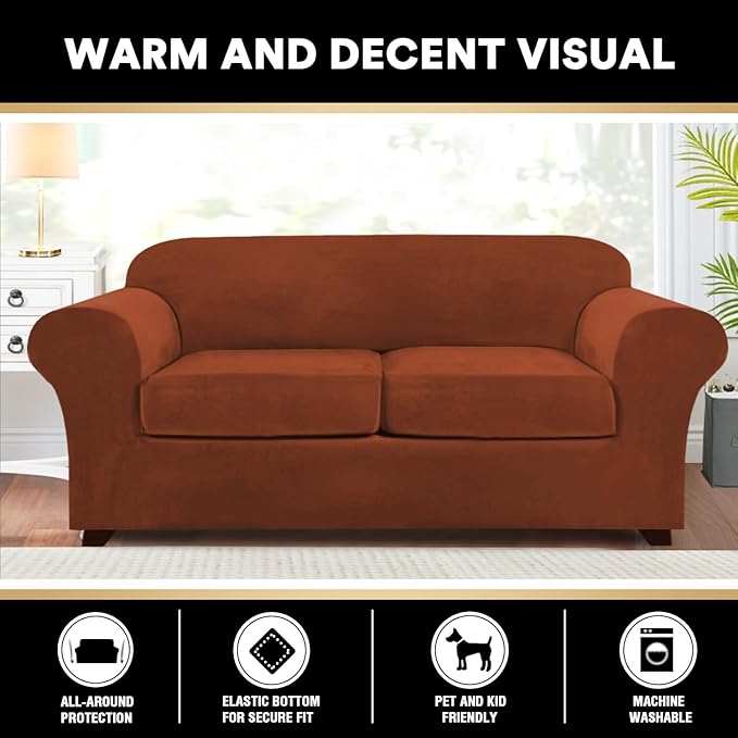 PrinceDeco Couch Cover Velvet Plush Sofa Covers for 2 Cushion Couch Width Up to 90 Inch Washable Furniture Protector Pet Friendly No Slip Sofa Slipcover(Medium-Large, Rust)