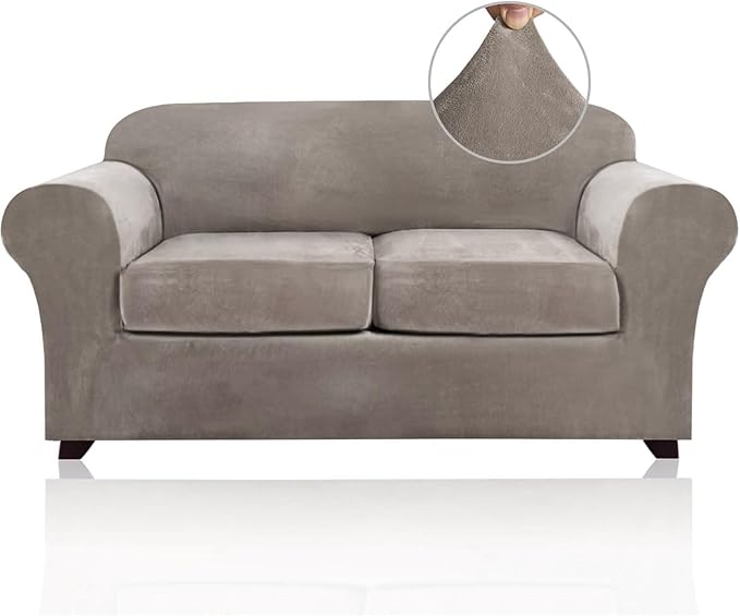 PrinceDeco Velvet Couch Cover Loveseat Covers for 2 Cushion Couch 3 Piece Sofa Covers for Dogs Washable Loveseat Covers Width Up to 72 Inch No Slip Stretch Sofa Slipcover(Medium, Taupe)