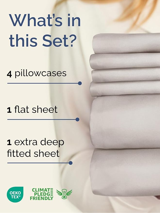 Extra Deep Full Sheet Set - 6 Piece Breathable and Cooling Sheets - Hotel Luxury Bedding for Women, Men, Kids & Teens - Easy & Secure Fit - Soft, Wrinkle Free & Comfy - Extra Deep Pockets - Light Grey