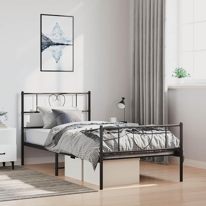 Twin Metal Bed Frame with Storage, Modern Black Platform Bed with Footboard, Strong Steel Construction for Adults, Minimalist Design with Finished Back for