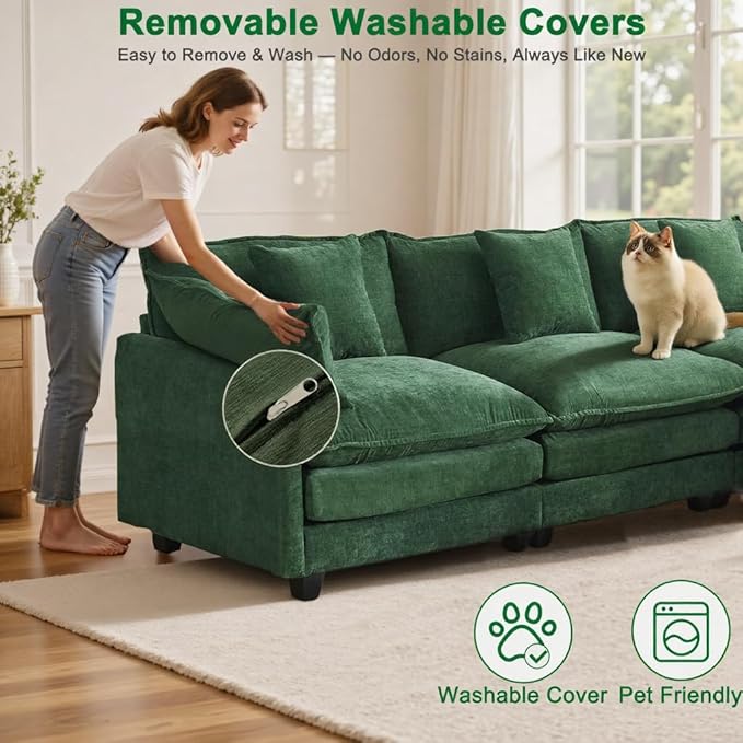 Expandable L-Shaped Sectional Sofa with Ottoman for Apartments, 77" Cloud Chenille Couch, Create a U-Shape Layout with Optional 2nd Ottoman, Solid Wood Frame, Easy Assembly