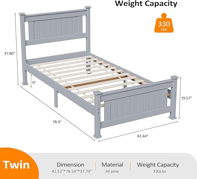 VINGLI Twin Bed Frame Solid Wood Platform Single Bed with Headboard, No Box Spring Needed Panel Bed, Wood Slat Support Mattress Foundation, Gray