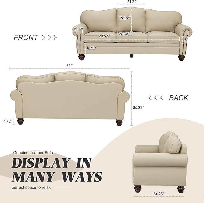 HULALA Home 81'' Genuine Leather Sofa with Nailhead Trim and Rolled Armrests, Mid-Century Modern Living Room 3-Seater Couch, Beige Couch with Removable Cushion for Bedroom Apartment