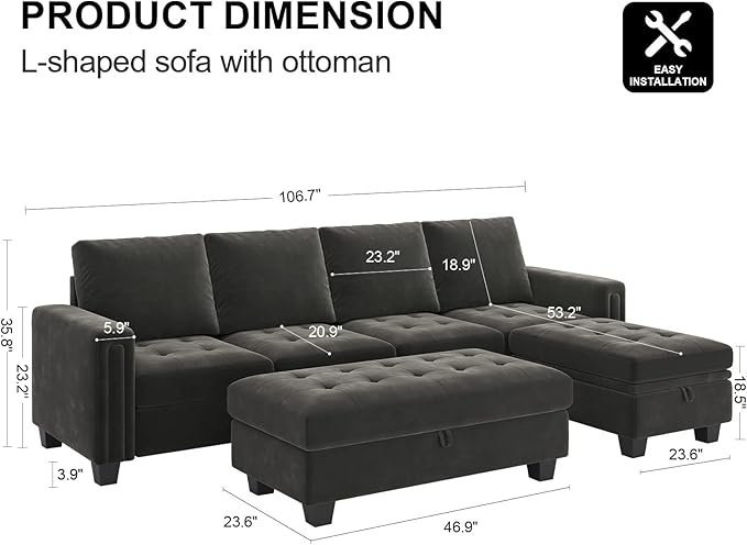 Belffin Velvet Convertible 4-Seat Sectional Sofa with Reversible Chaise L Shaped Sofa Couch Furniture Sets Sectional Couch with Storage Ottoman Grey