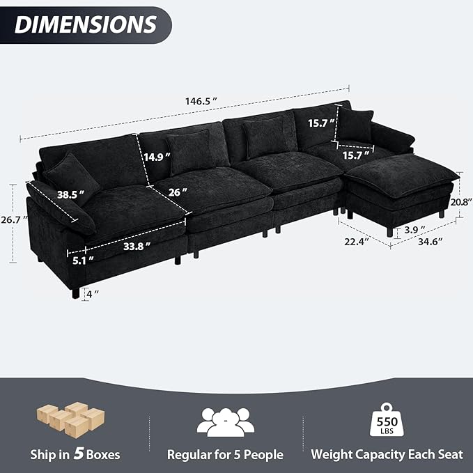 Oversized Modular Sectional Sofa, 146.5 Inch L Shaped Cloud Couch Set, 4-Seat Comfy Convertible Sofa with 1 Movable Ottoman, DIY Combination Sleeper Couch for Living Room(Chenille, Black)
