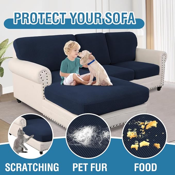 H.VERSAILTEX Sectional Couch Covers 6 Pieces Stretch Sofa Covers for Sectional Sofa Set Separate L Shaped Couch Cover for Both Left/Right Couch (Seat and Back: 1 Chaise + 2 Sofa, Navy)
