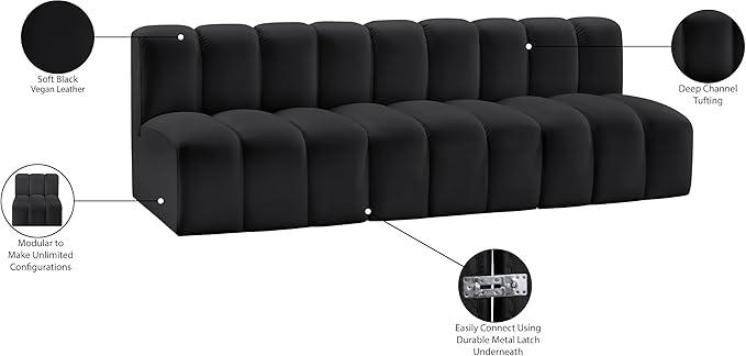 Meridian Furniture 101Black-S3F Arc Collection Modern | Contemporary Modular Sofa with Soft Black Vegan Leather, Deep Channel Tufting, Modular Design, 89.5" W x 31" D x 30" H, Black