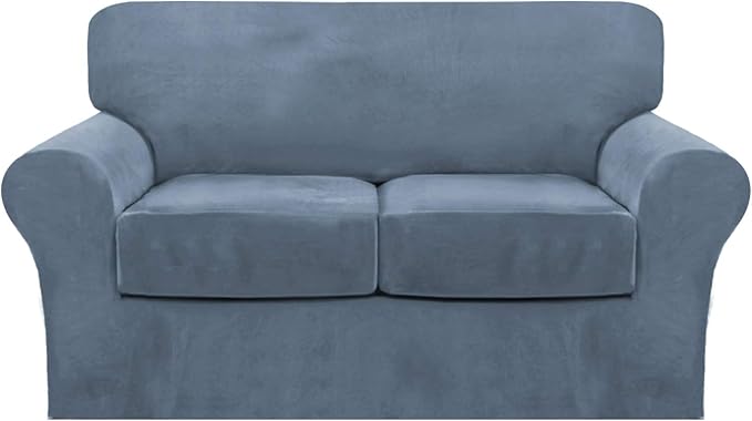 FantasDecor 3 Piece Sofa Covers Velvet for 2 Cushion Couch Stretch Loveseat Slipcover with Individual Seat Elastic Furniture Protector for Pets (Loveseat, Stone Blue)