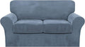 FantasDecor 3 Piece Sofa Covers Velvet for 2 Cushion Couch Stretch Loveseat Slipcover with Individual Seat Elastic Furniture Protector for Pets (Loveseat, Stone Blue)