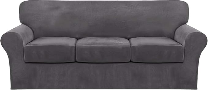 FantasDecor 4 Piece Sofa Velvet Couch Covers for 3 Cushion Stretch Slipcover with Individual Seat Cushion Elastic Furniture Protector for Pets, Machine Washable (Sofa, Gray)