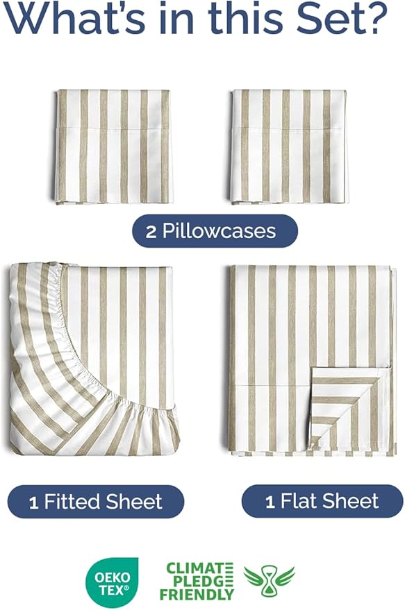 Extra Deep Twin Sheet Set - 4 Piece Breathable and Cooling Sheets - Hotel Luxury Bedding for Women, Men, Kids & Teens - Easy Secure Fit - Soft and Wrinkle Free with Extra Deep Pockets - Beige Stripes