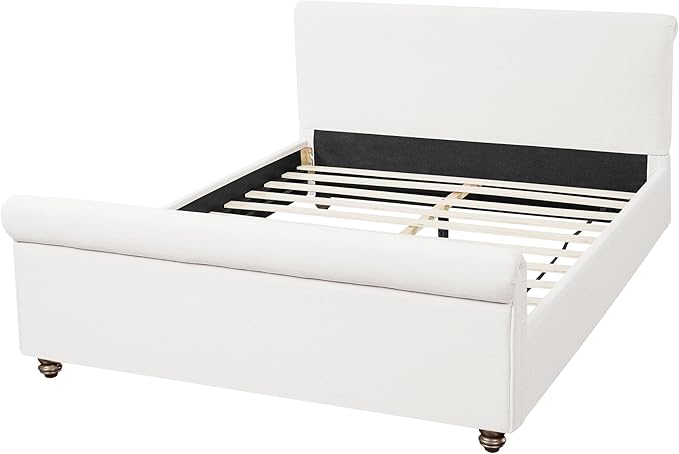 Christopher Knight Home Chenzi Linen Upholstered Queen Bed Frame with Headboard and Footboard, Wooden Platform Queen Size Bed Frame and Double-Layer Oval Legs, No Box Spring Needed, White