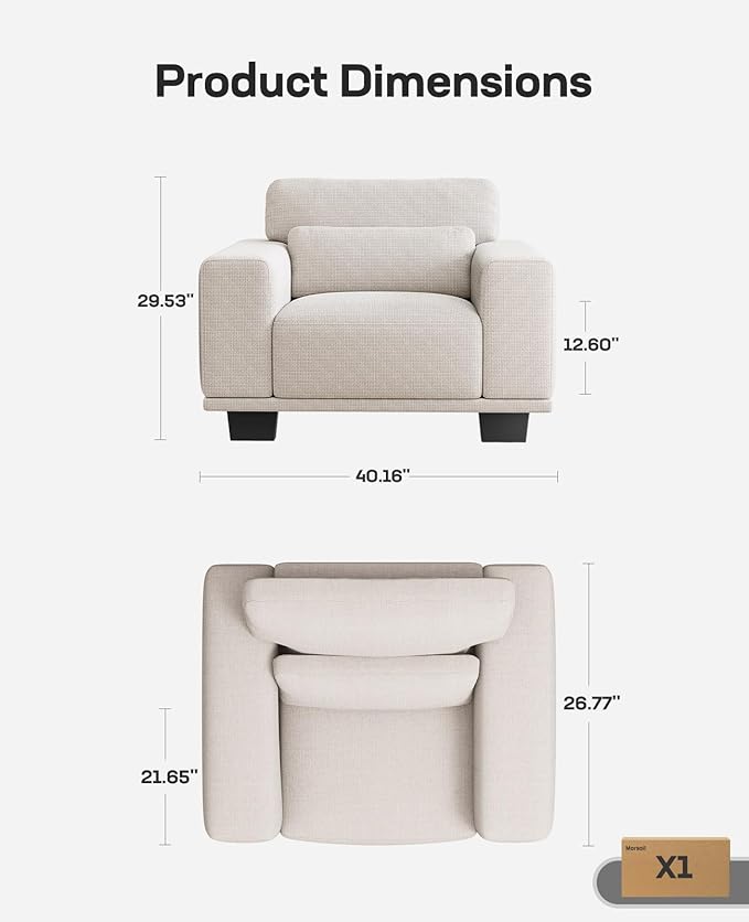 Marsail Single Seater Couch, 40 Inch Sofa with Wide Armrests & Deep Cushions, Modern Linen Fabric Sofas for Living Room, Comfy Upholstered Couch with Removable Washable Covers, Beige