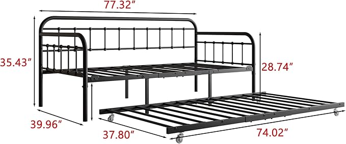 JURMERRY Metal Daybed Frame with Trundle Twin Size Heavy Duty Steel Slats Support Platform Furniture,Textured Black…