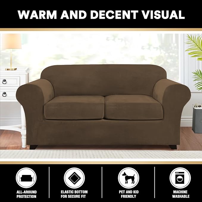 PrinceDeco Velvet Couch Cover Loveseat Covers for 2 Cushion Couch 3 Piece Sofa Covers for Dogs Washable Loveseat Covers Width Up to 72 Inch No Slip Stretch Sofa Slipcover(Medium, Bronze Brown)