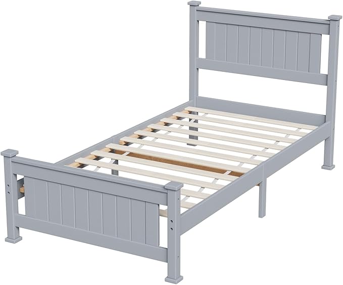 VINGLI Twin Bed Frame Solid Wood Platform Single Bed with Headboard, No Box Spring Needed Panel Bed, Wood Slat Support Mattress Foundation, Gray